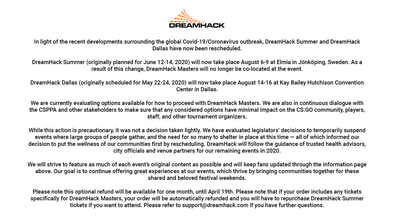 DreamHack受疫情影響 夏季賽事重新排期 及正尋找DreamHack Masters後備方案